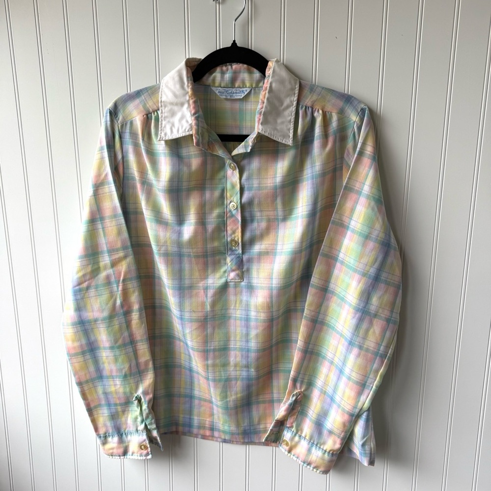 Vintage 70s Pastel Plaid Blouse – Miss Fashionality – Size 17–18 (Modern XL)